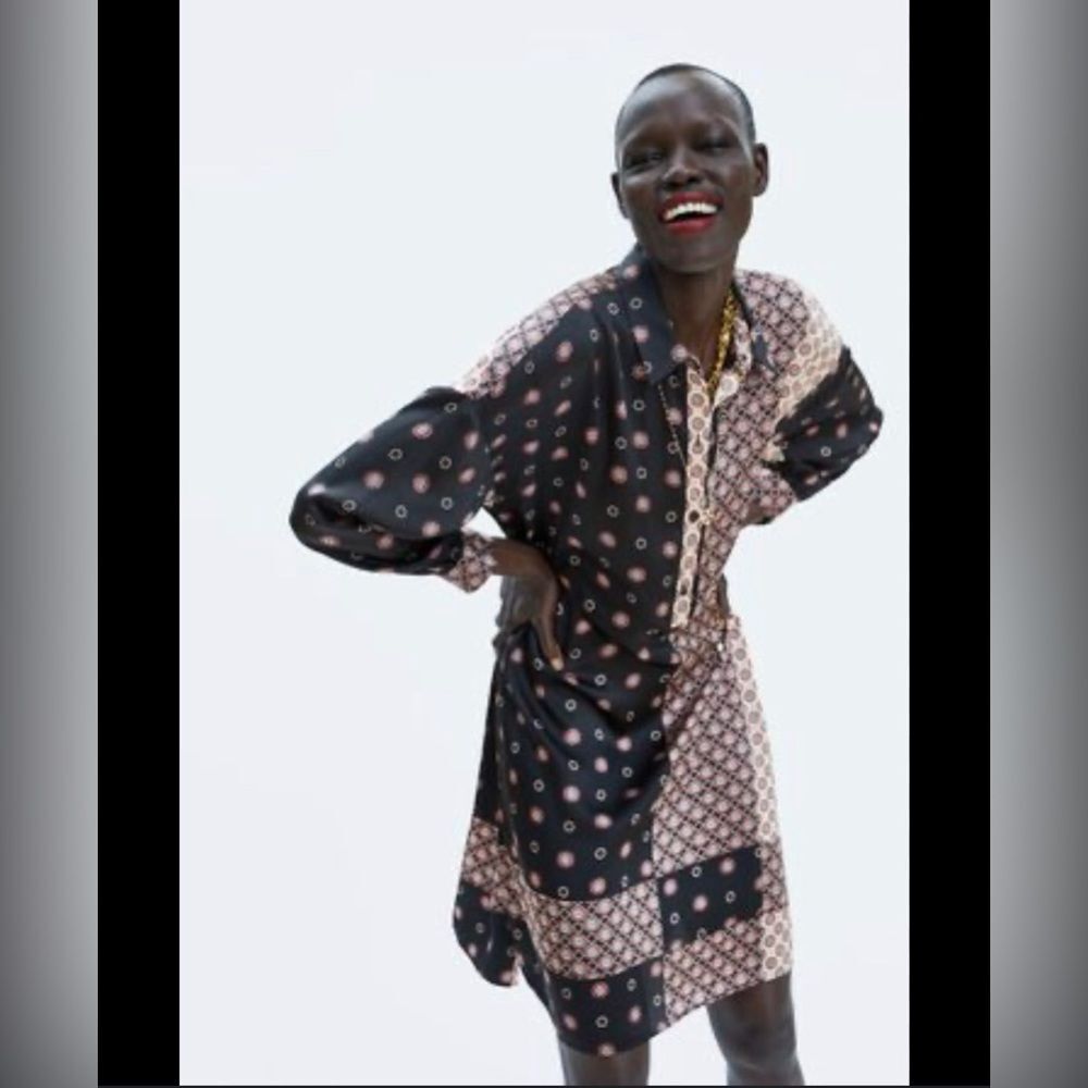 Zara Black and Cream Patchwork Print Shirt Dress